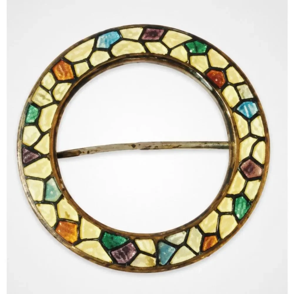 Vintage Guilloche Brooch Pin Circle Wreath White, Pink, Blue Enamel fb1-125